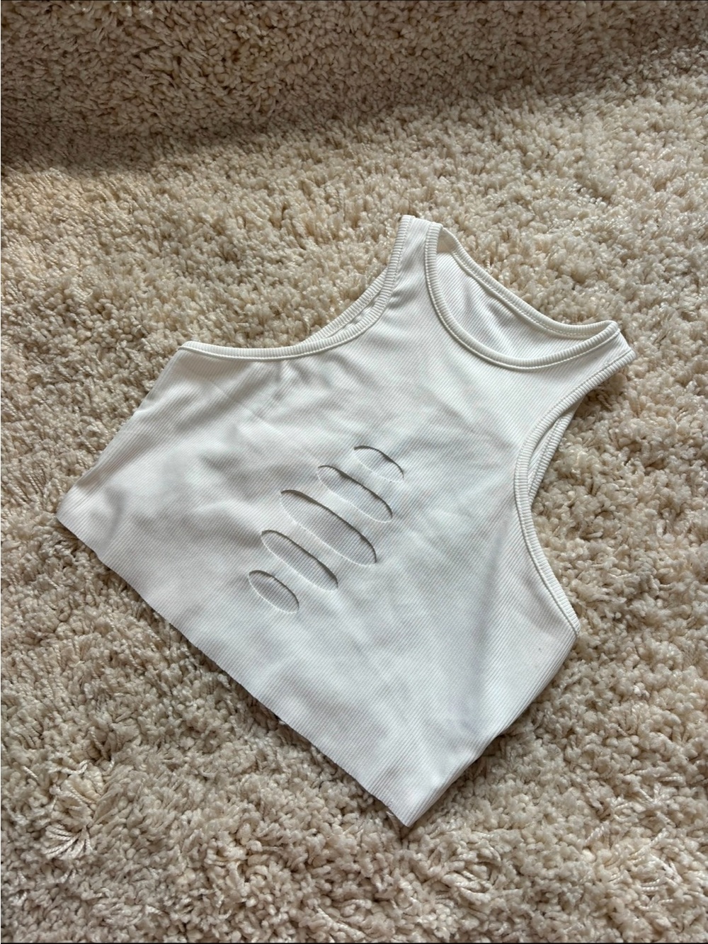 White Ribbed Crop Tank Top with Cutout Detail - Brand Unlabeled
